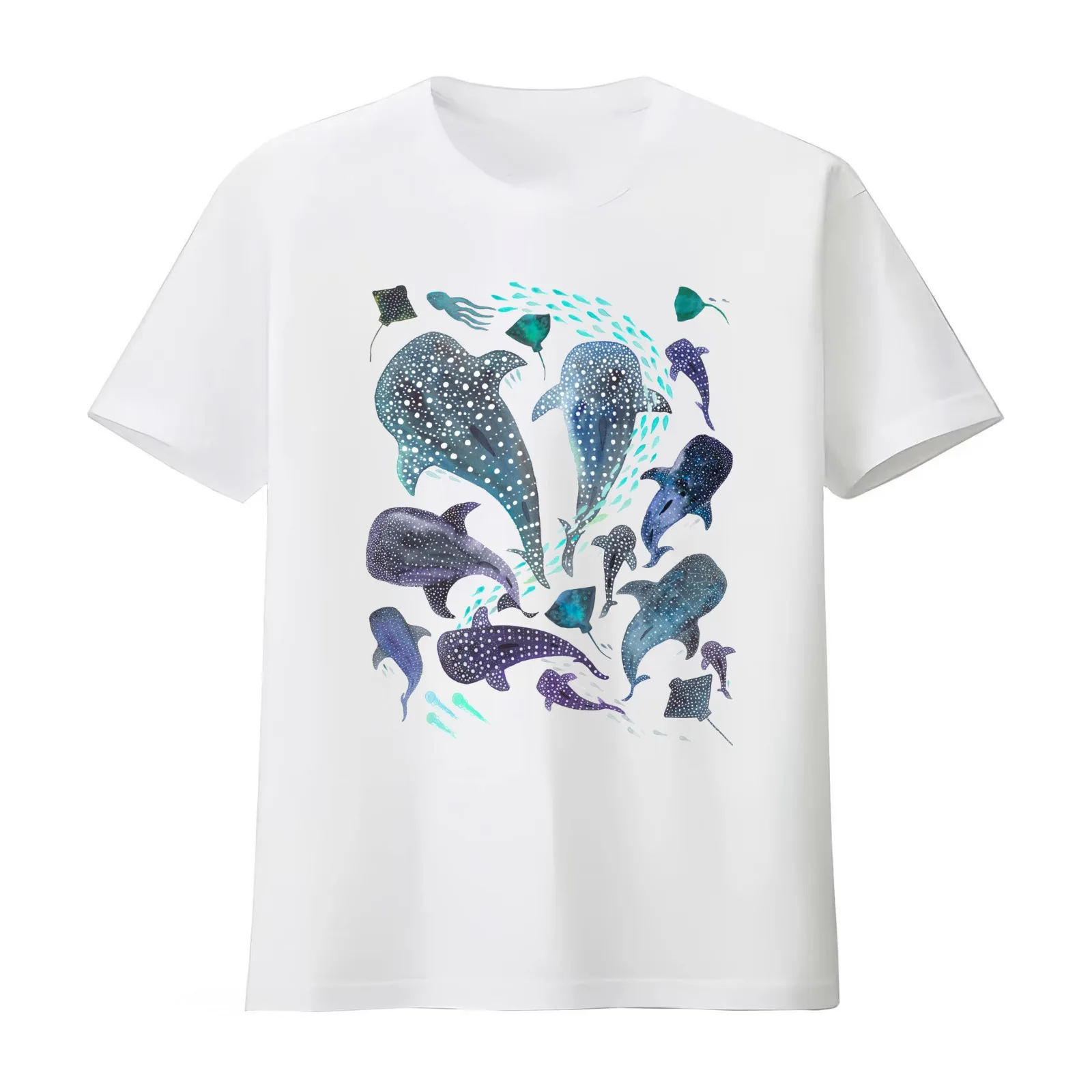 Whale Shark Ray & Sea Creature Play Print T-Shirt Summer Casual Cotton Tee Oversized Streetwear Tops Vintage Graphic Print