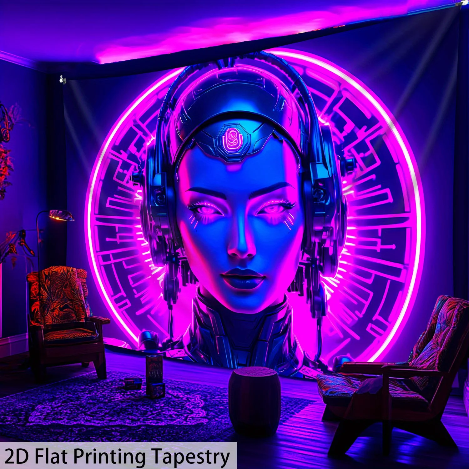 Wandteppich im Cyberpunk-Stil von VIKAMA, futuristischer Roboter, Neon-Dekor für Gaming, Wohnzimmer, Hintergrund, Heimdekoration