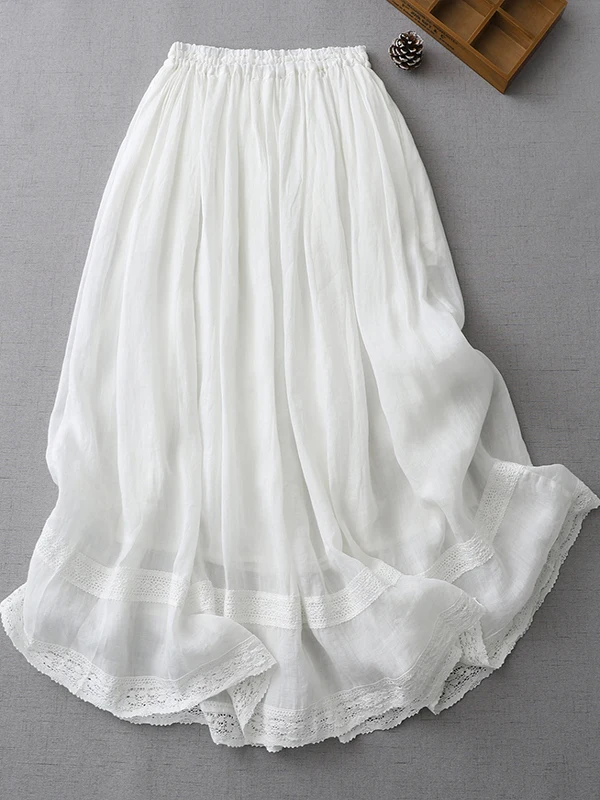 Casual Style Half-length Long Skirt Women's Summer Spring Thin Elastic Waist Embroidery A-line Skirt Linen Material