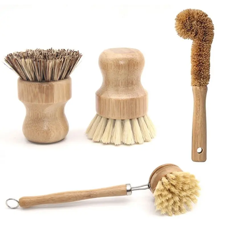 2024 New Plant Based Cleaning Brush Set,Bamboo Kitchen Scrub Brush Set of 4 Clean Tablewa