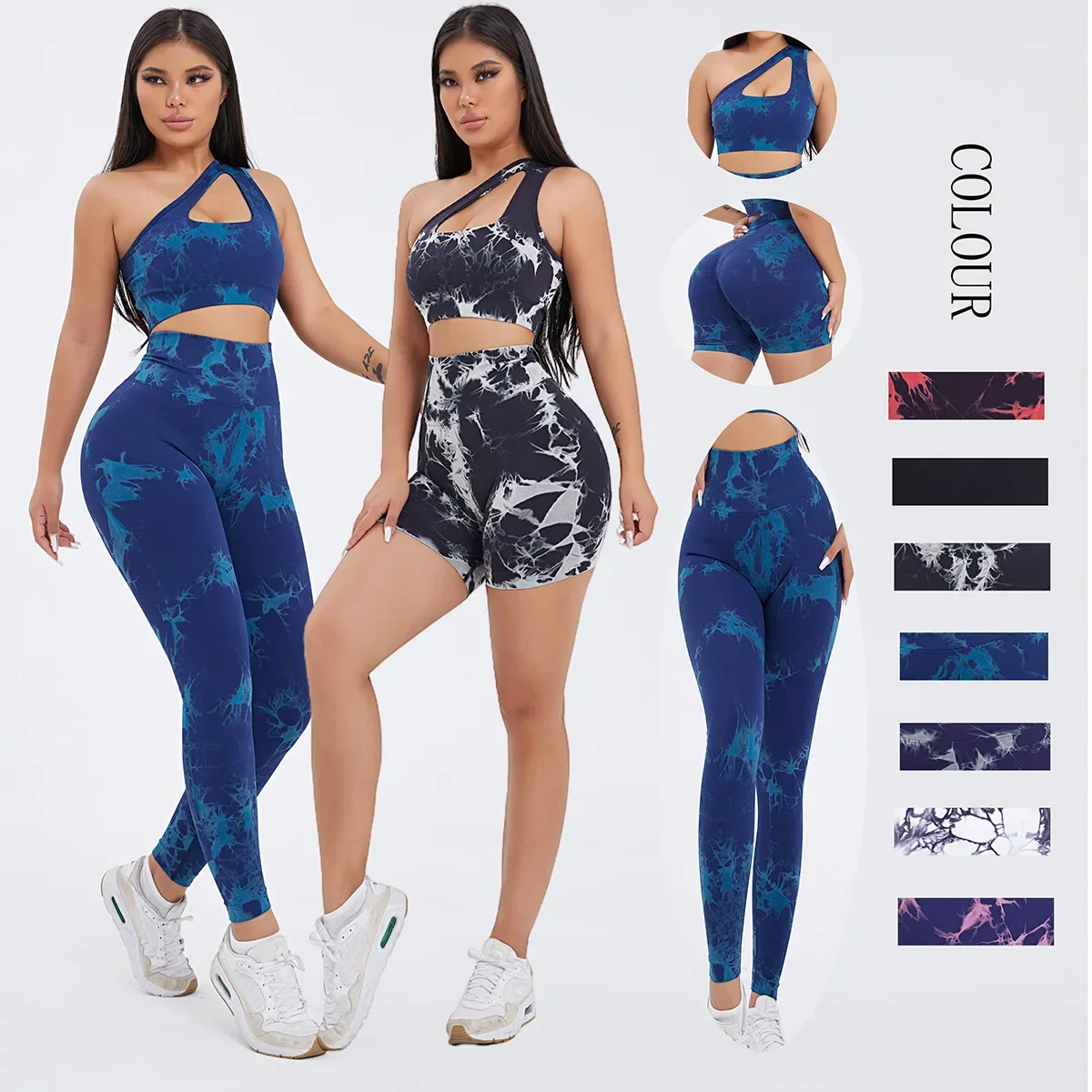 Seamless One-Shoulder Tie-Dye Yoga Sets Sports Fitness Hip-lifting Pants Tight Vest Suits Workout Gym Leggings Sets for Women