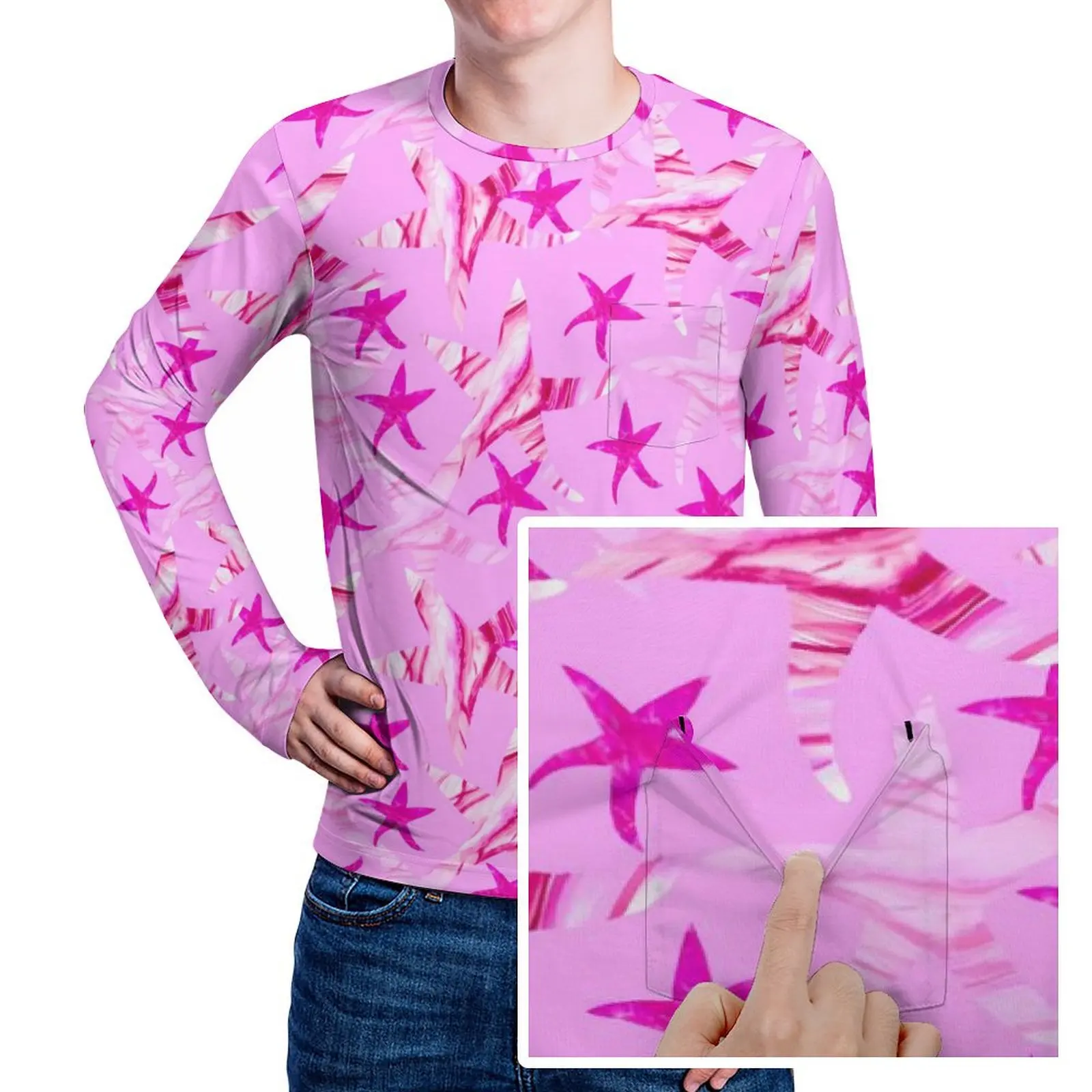 Camiseta rosa de estrella de mar, camisetas populares con silueta ondulada y bolsillo, camiseta de diseño de manga larga, camisetas divertidas de gran tamaño para otoño