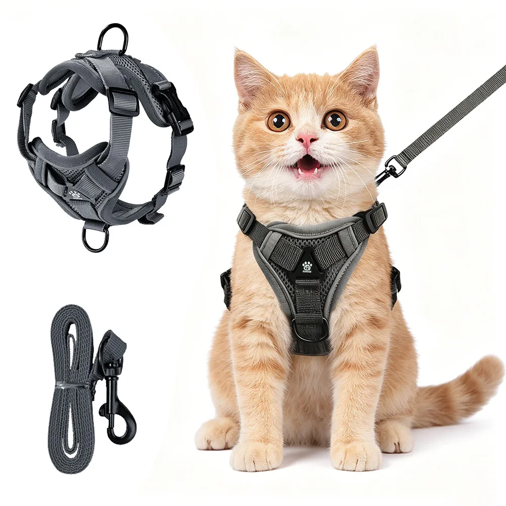 Cat Harness, Cat Harness and Leash for Walking, Adjusted in Four Directions and Breathable Cat Harness for Anti Escape that can be Fitted and Positioned, Reflective Strips Harness