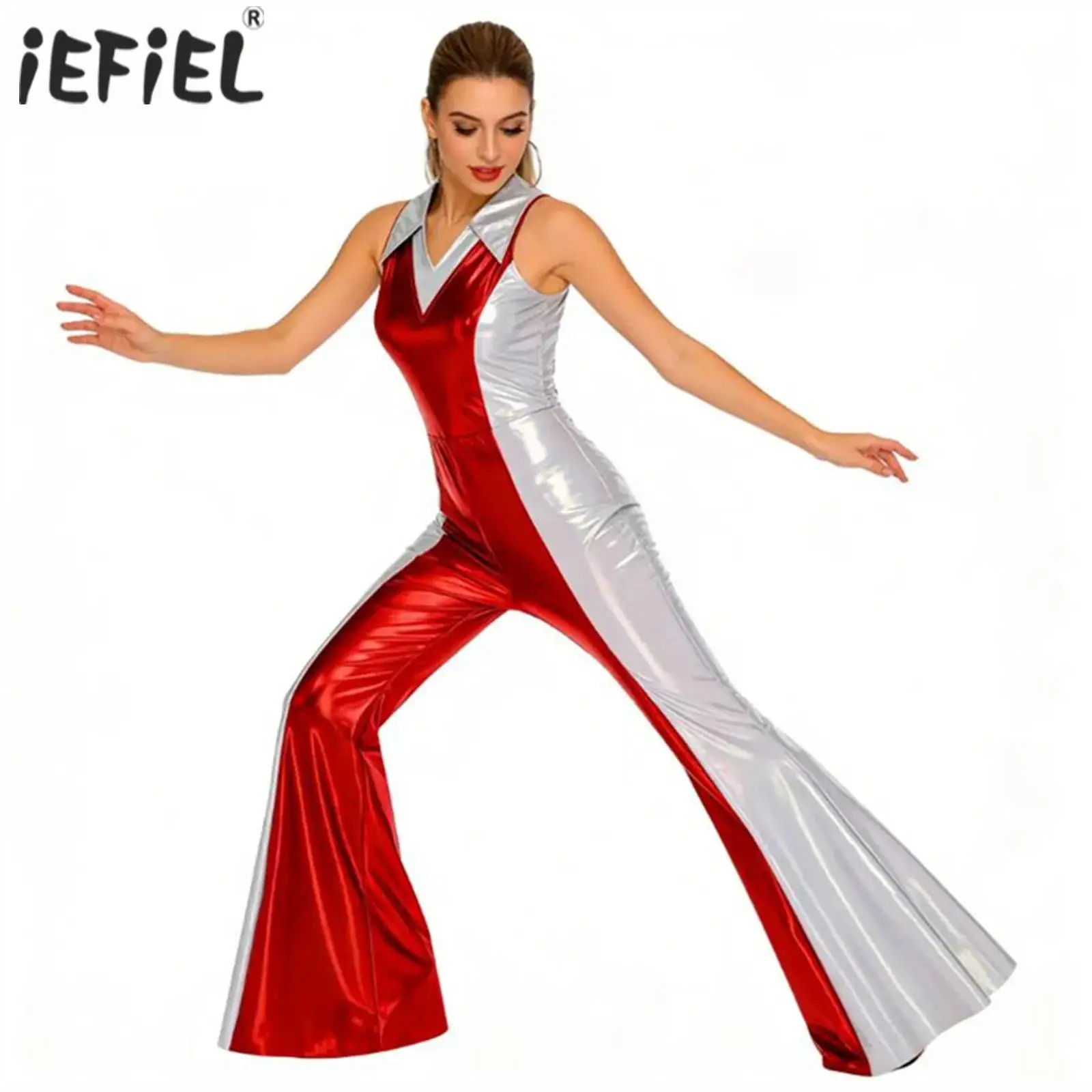 Womens 70s 80s Disco Hippie Halloween Costume One Shoulder Flare Sleeve Bodysuit Latin Jazz Unitards Overalls Jumpsuit Clubwear