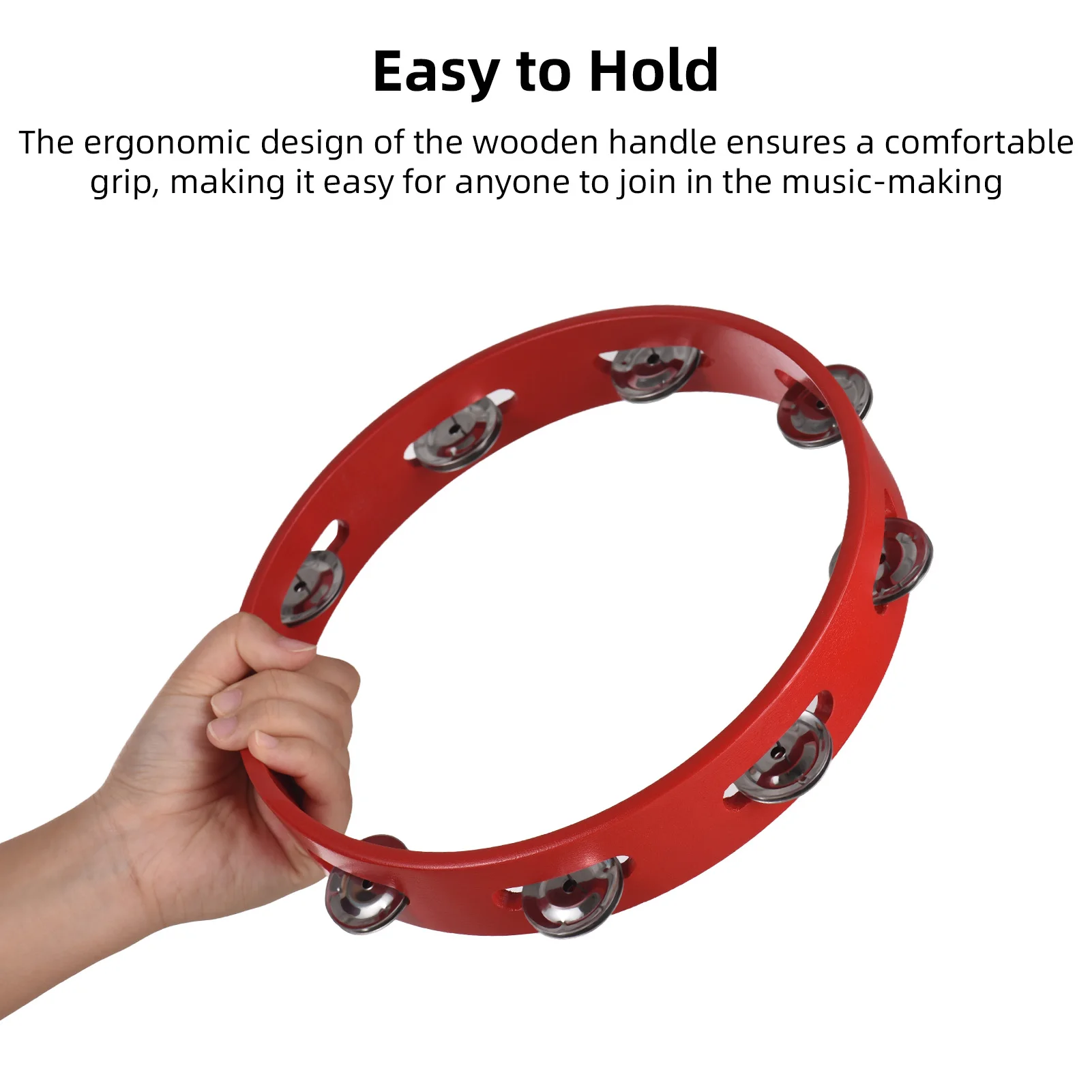 10-inch Tambourine for Adults Pleasant Jingle Sound Red Hand Cranked Bell Rings Wooden Metal Bell Sound Percussion Instruments