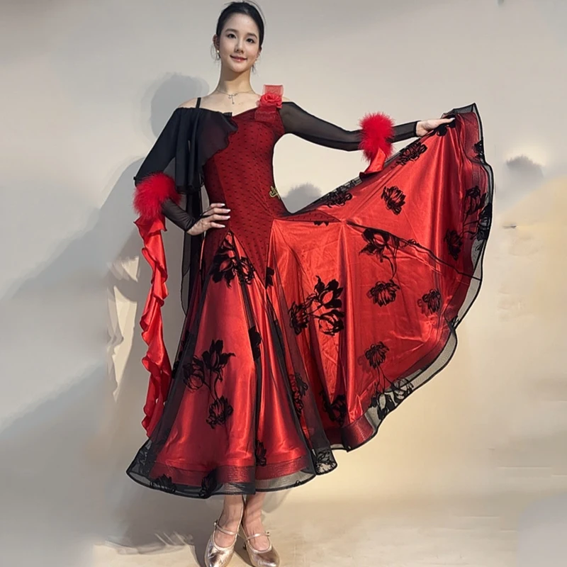High End Print Ballroom Dance Competition Clothing For Women Sexy Backless Waltz Dress Big Swing Adult Modern Dance Dress XH5259