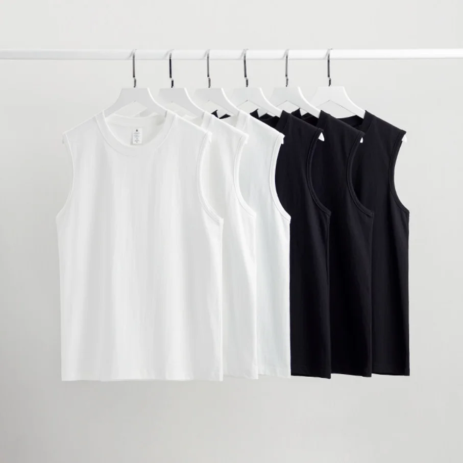Summer Basic Wihte 220gsm Heavyweight Cotton Tank Top for Men Solid Color Ribbed Crew Neck Sleeveless Tee Casual Undershirt
