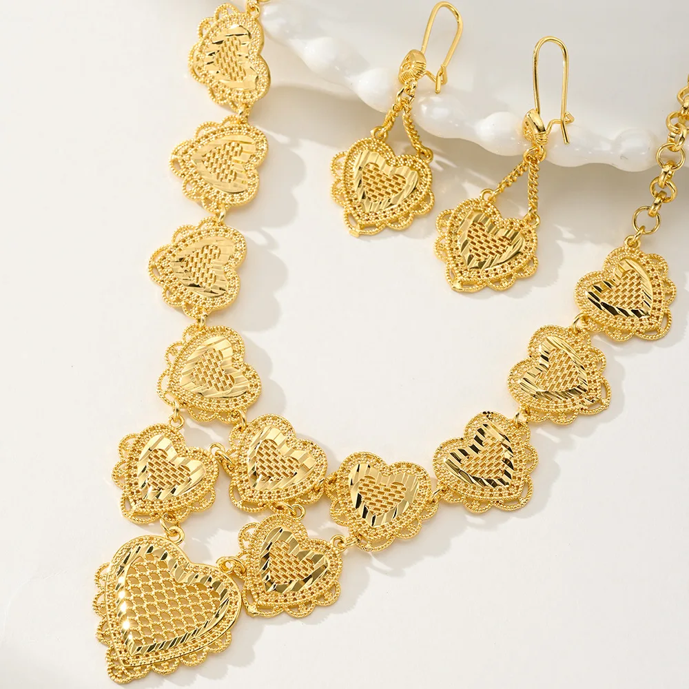 9999 gold love jewelry set - Nigerian heart-shaped necklace and earrings set of two pieces