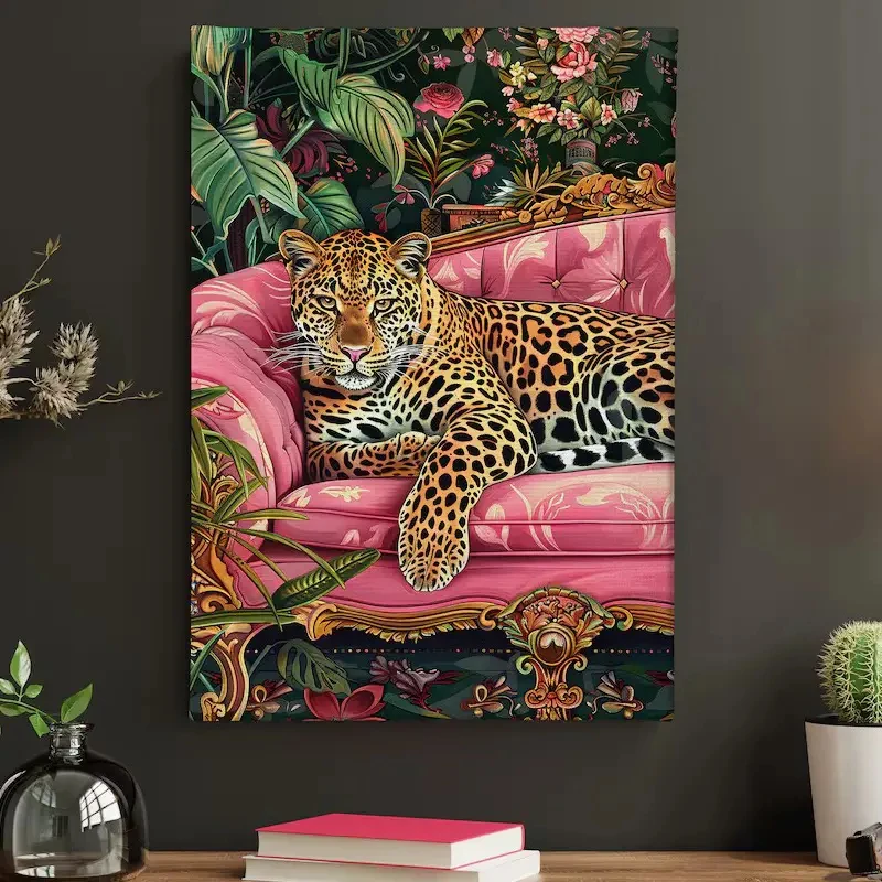 Modern Style Pink Sofa Tiger Canvas Prints Jungle Animal Wall Art Poster for Home Office Bedroom Living Room Decoration Cuadros