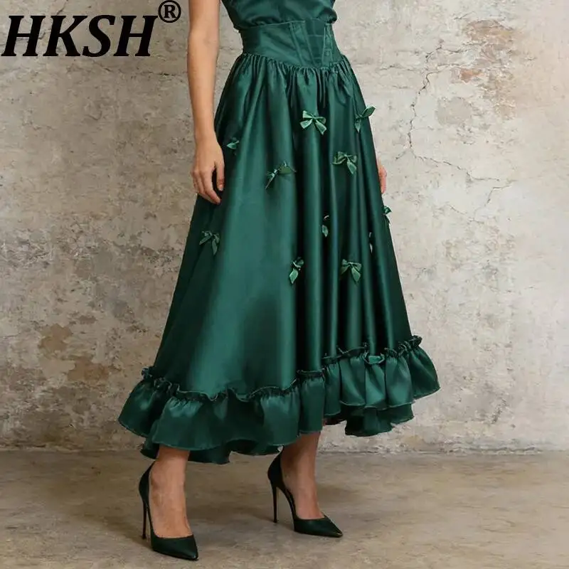 HKSH Women Skirt Elegant Stylish Fishbone Waist-cinching Three-dimensional Bow Decoration Solid Color A-Line Long Skirts HK24601