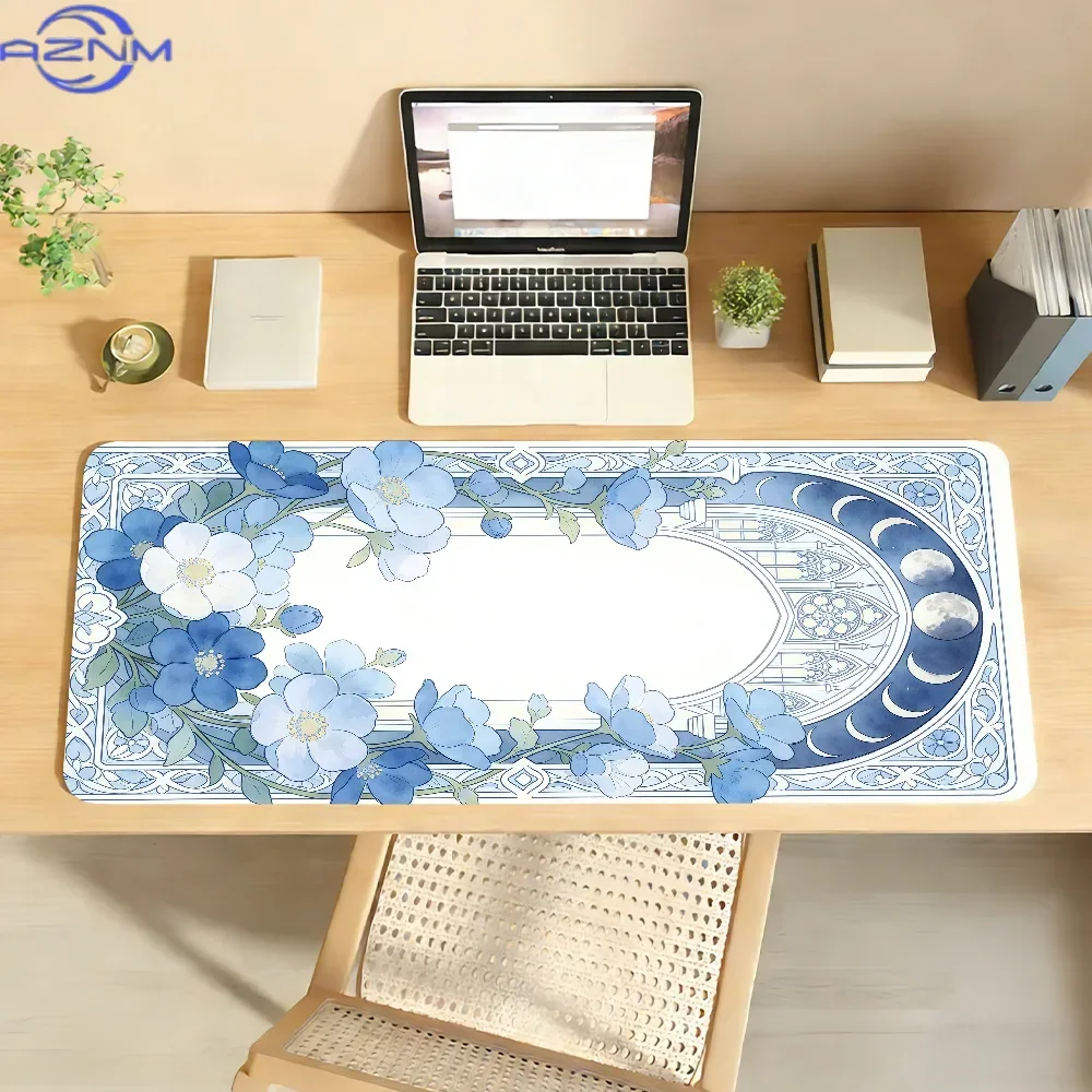 Watercolor Blue Flower Moon Phase Large Desk Mat, Vintage Lace Non-Slip Lock Edge Mouse Pad