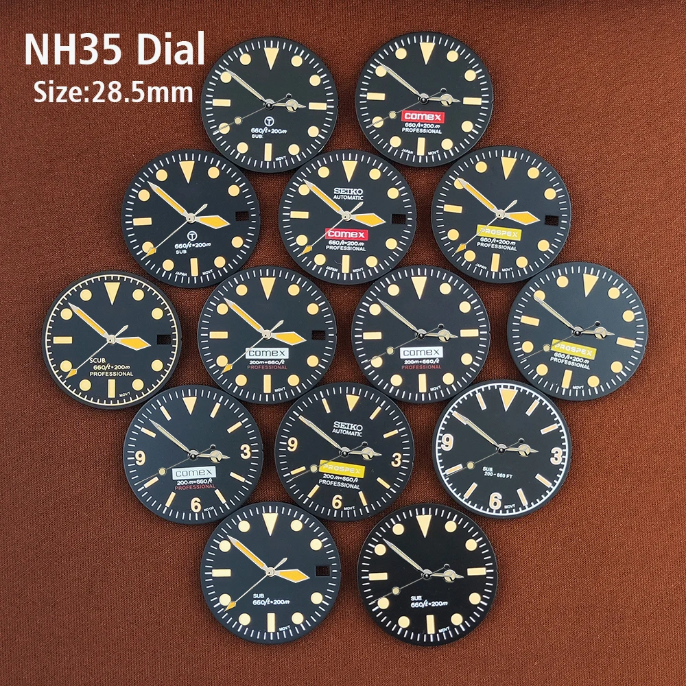 

Retro Black Dial Luminous Watch Accessories with S Logo NH35 Dial C3 Green Japanese Movement 28.5mm