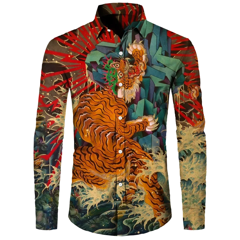 3D Printed Tiger Men\'s Turn-down Collar Button Shirt Chinese Style Vintage Long Sleeve Tops Hawaii Party Streetwear Shirts Tees