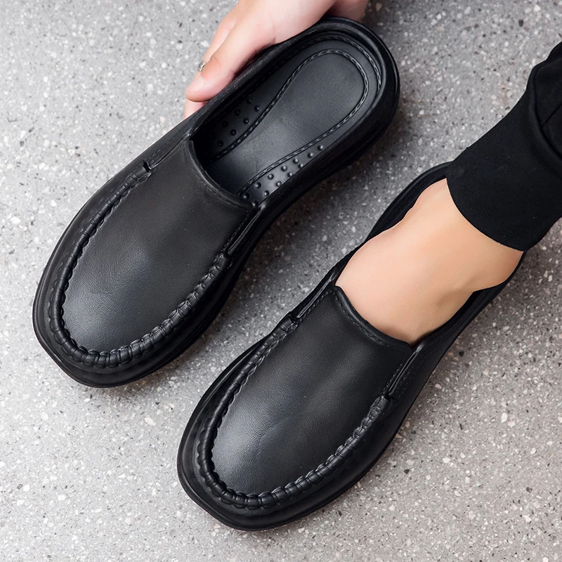 Chef shoes summer plus size baotou half slippers non slip oil resistant business casual men\'s chef shoes breathable leather shoe