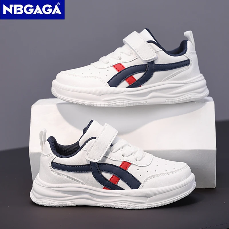 Four‑Season Kids White Sports Sneakers PU Leather Lightweight Non‑Slip Children Hook&Loop Student Sport Walking Casual Shoes