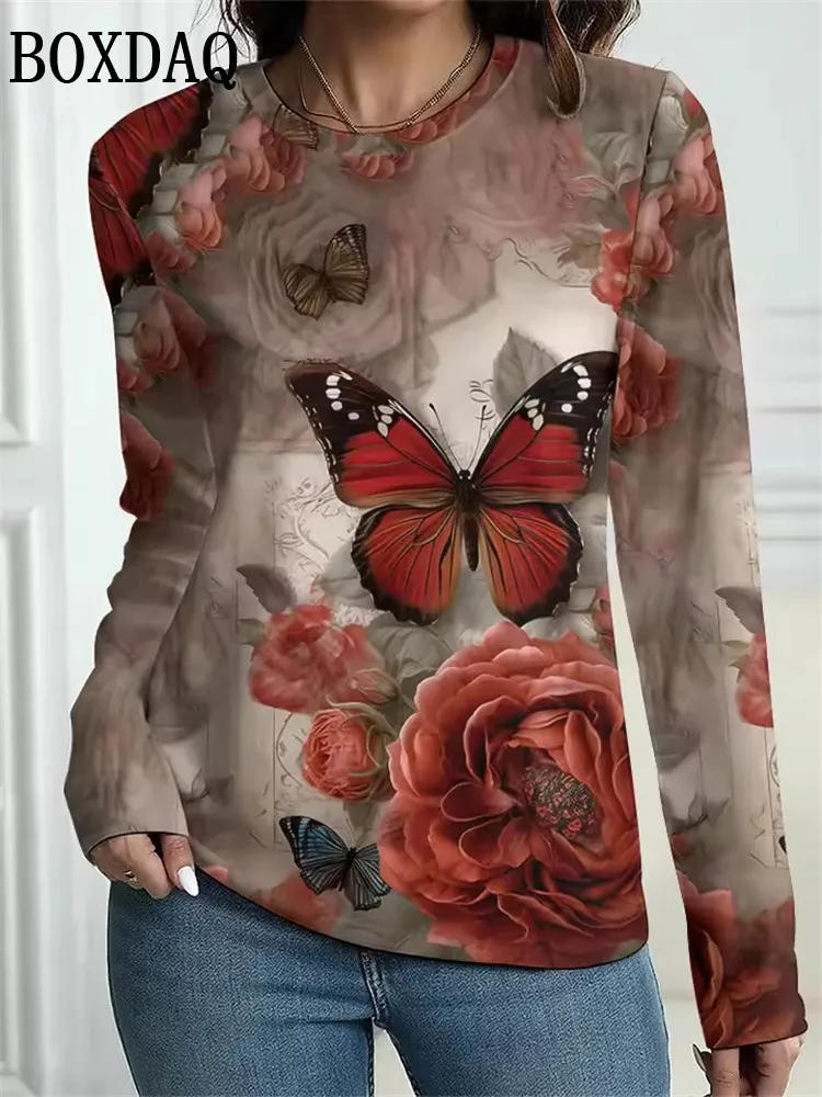 

Fashion Women's Vintage Flower Graphic O-Neck Long Sleeve T-Shirt Casual Tops Womens Clothing Harajuku Female Clothing Pullover