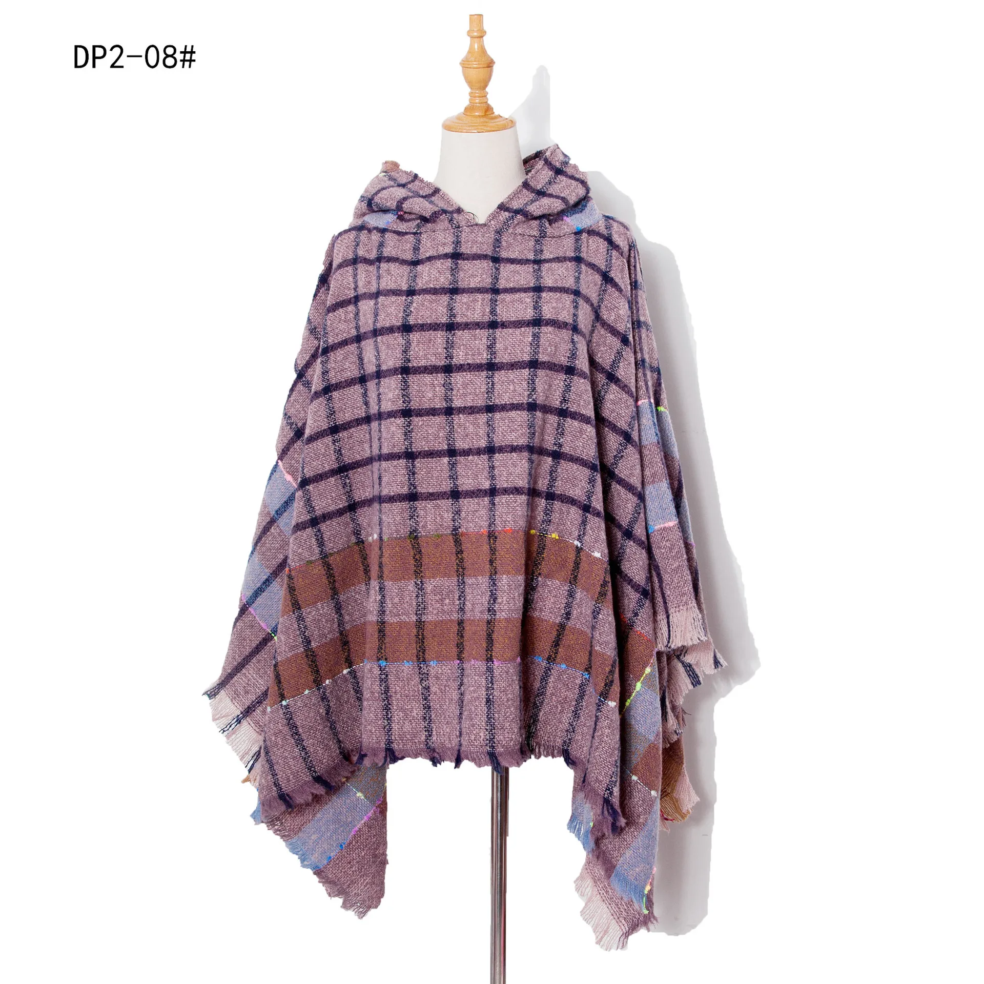 

Autumn Winter New Loop Yarn Plaid Hooded Pullover Cape Women Fashion Street Poncho Lady Capes Purple Cloaks