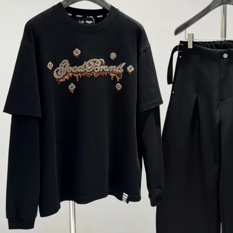 Fake Two-piece Splicing Sleeve GOODBRAND Tshirts Melted Ice Cream Flower Body Bead Embroidery Round Neck Pullover Men Women