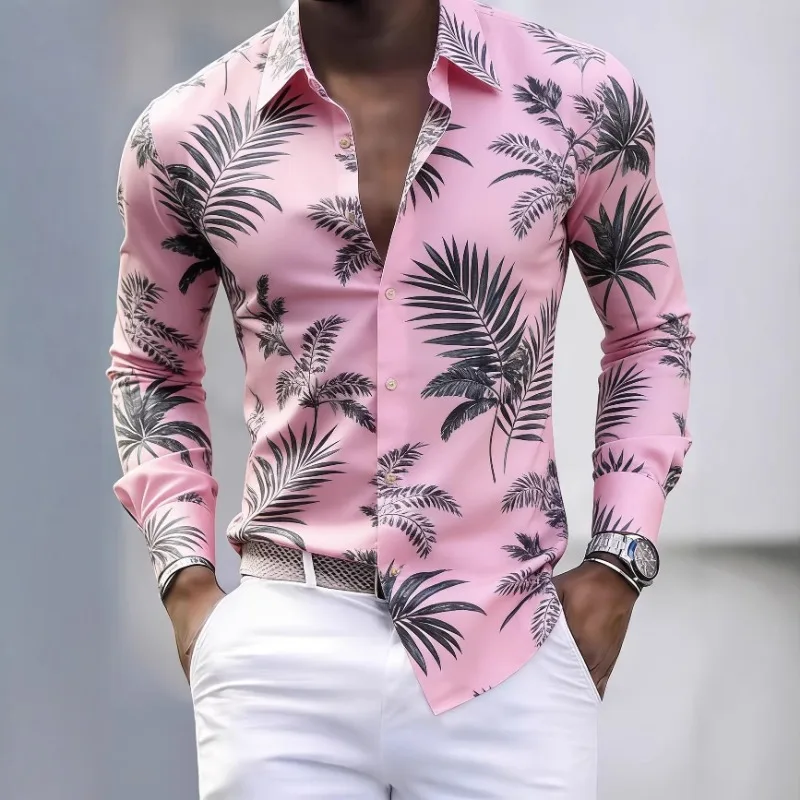 

Men's Tropical Palm Print Long Sleeve Shirt Turn-Down Collar Slim Fit 4-Way Stretch Luxury Dress Shirt Casual Streetwear Tops