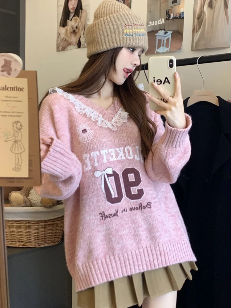 

Lace Patchwork Sweet Sweaters Women Cute Letter Loose Knitted Pullovers Casual Long Sleeve Lazy Wind Elegant Retro Tops New