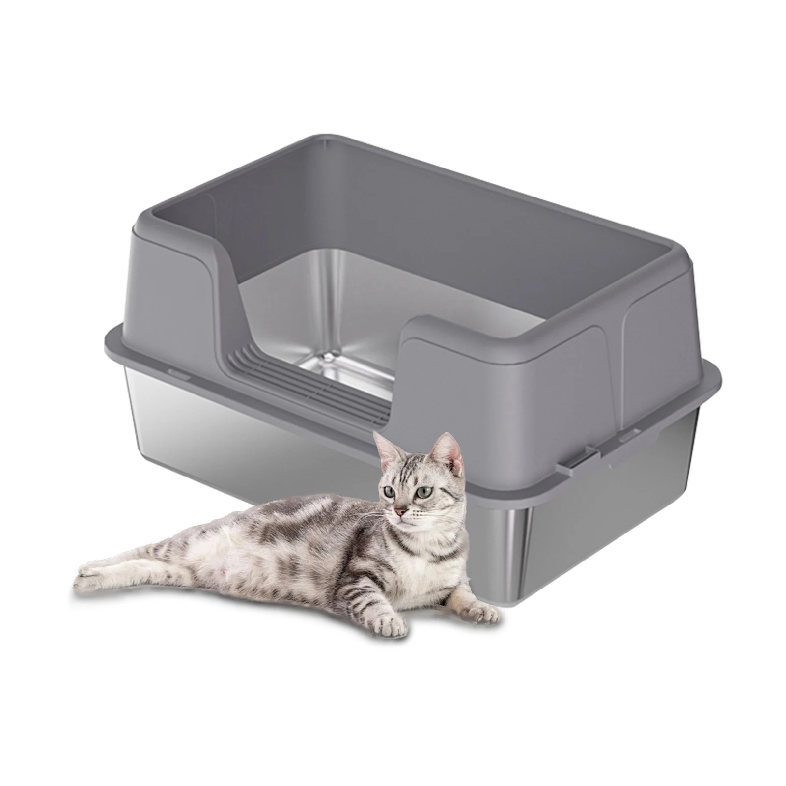 

Stainless Steel Litter Box With Lid, Extra Large High Sided Cat Litter Trays, Litter Box With Anti-slip Cat Litter Mat And Scoop