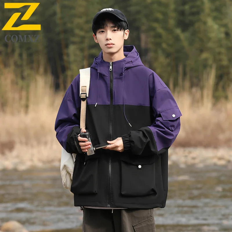 

2025 New Men's Jacket Color Blocking Trend Versatile Windproof Breathable Hooded Windbreaker Outdoor Leisure Camping Travel Coat