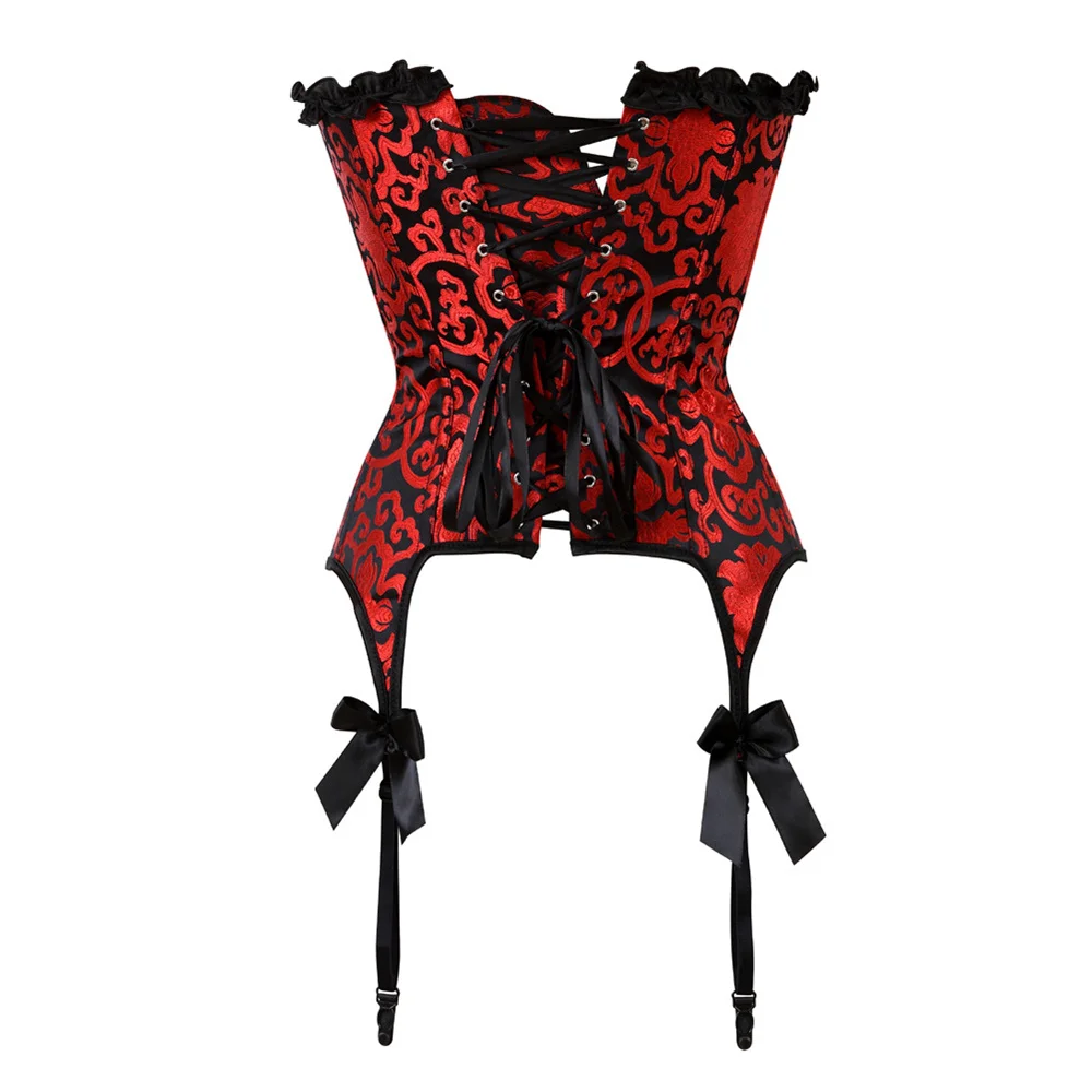 Red Retro Jacquard Lace Bowknot Overbust Corset Women Sexy Lingerie Body Shaper Bustier Tops With Garter Straps S-6XL