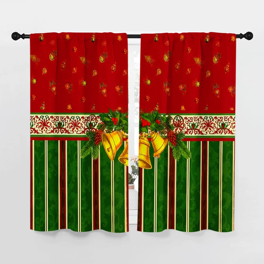 2PCS Christmas Winter Curtains, Red Green Gold Bell Pattern Stripe, Digital Print, Bedroom Living Room, Home Decor Window Drapes