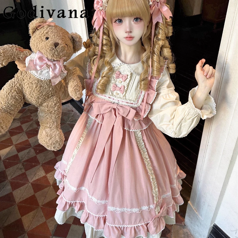 

Original Japanese Girls Sweet Lolita Long Sleeve Dress Op Autumn New Women Cute Bowknot Ruffle Birthday Dress Princess Dress