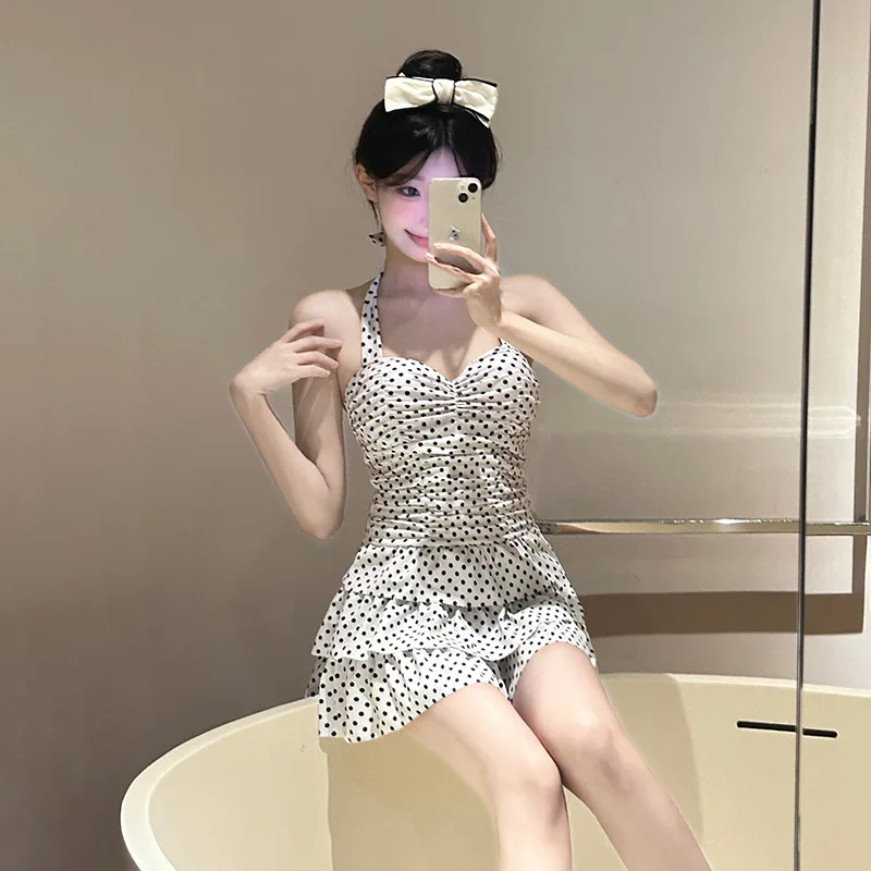 Backless Swimsuit Women's Retro Polka Dot Sweet Skirt Conservative and Thin Belly Cover One-piece Pure Desire New Swimsuit