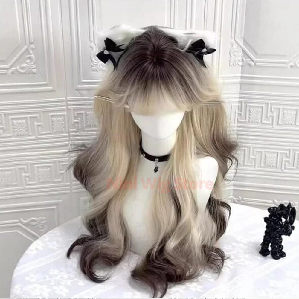 Long Wavy Black Gold Gradient Wig with Bangs For Women Cosplay Party Halloween Christmas Daily Use Heat Resistant Synthetic Wig