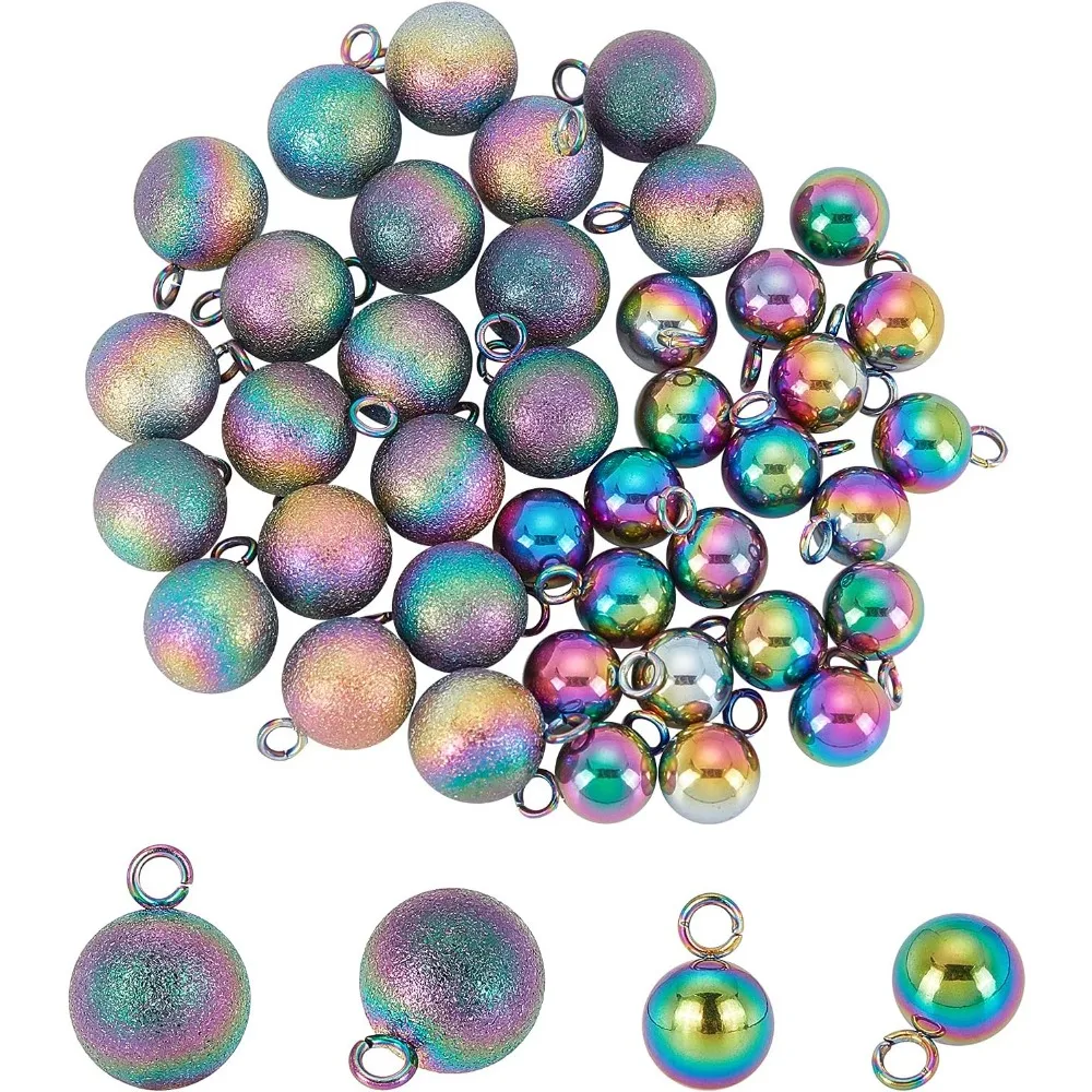 40pcs 2 Sizes 304 Vacuum-Stainless Steel Pendant Rainbow Colored Loose Metal Pendant with Shape of Ball Pendant