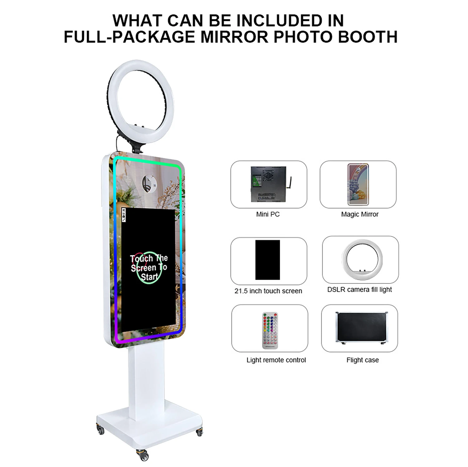 Portable Mirror Photo Booth Selfie Machine 21.5 in Touch Screen with Wheels and Flight Case for Party and Event