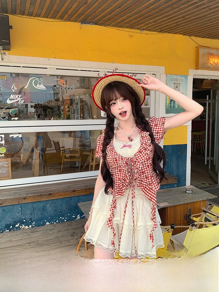 

Sweet Style Plaid Short Sleeve T-Shirt Women's Summer Irregular Splicing Fake Two-Piece Clothing Polyester Viscose Blend