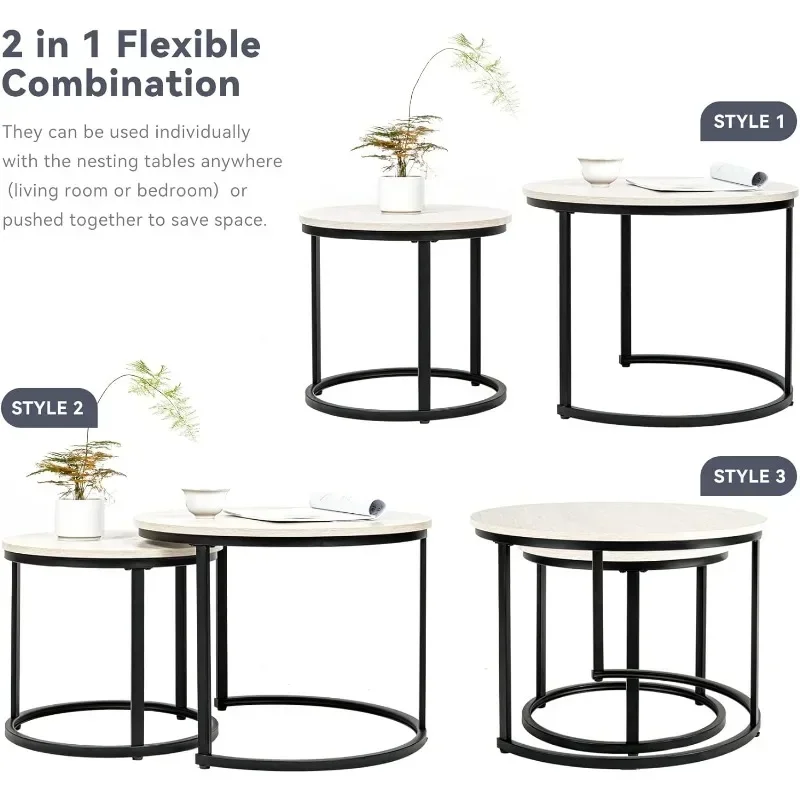 Round Nesting Coffee Table Circle Accent Tables for Small Spaces Side End Set of 2 Living Room Balcony Office