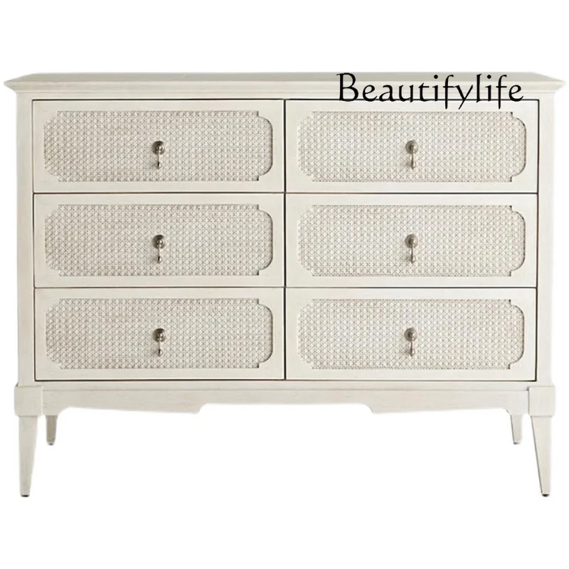 

French solid wood bedroom chest cabinet simple modern rattan retro living room TV cabinet entrance drawer storage cabinet