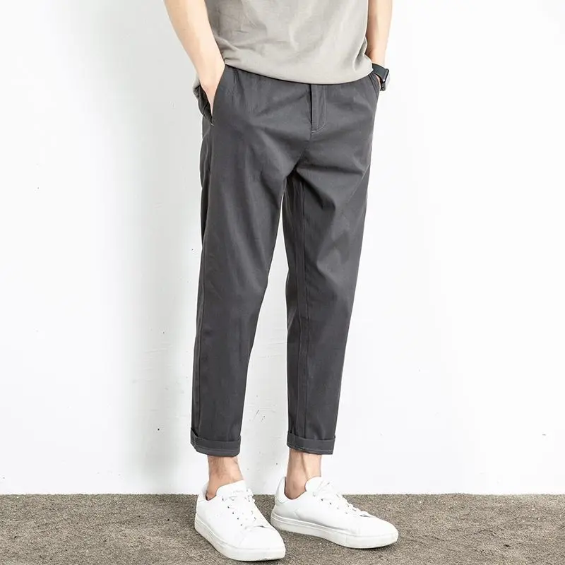 Men's Summer Ice Silk Pants Straight Loose Fit Casual Trousers Korean Style Breathable Lightweight Nine Points Pants