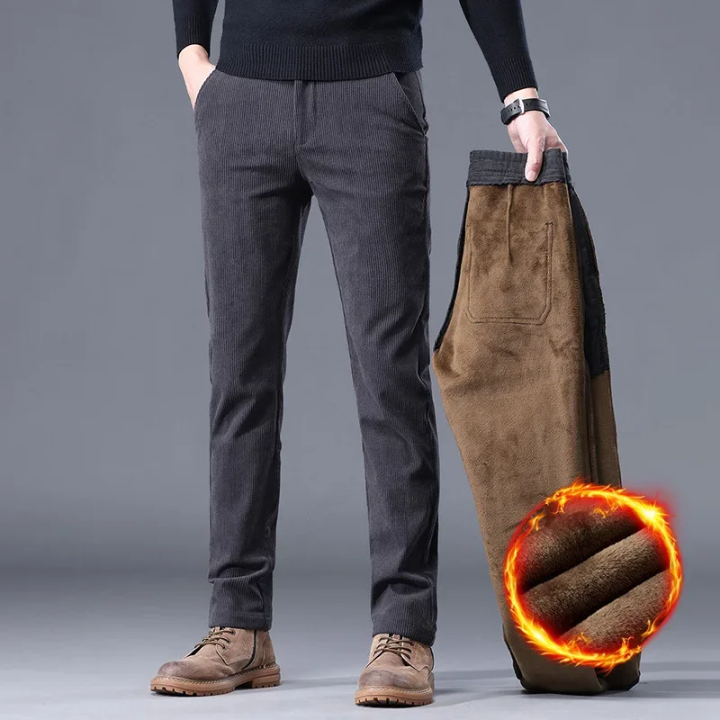 

2025 New in Winter Pants Men Straight Slim Leg Casual Trouser Male Corduroy Fleece Thick Warm Work Business Stylish Office Khaki