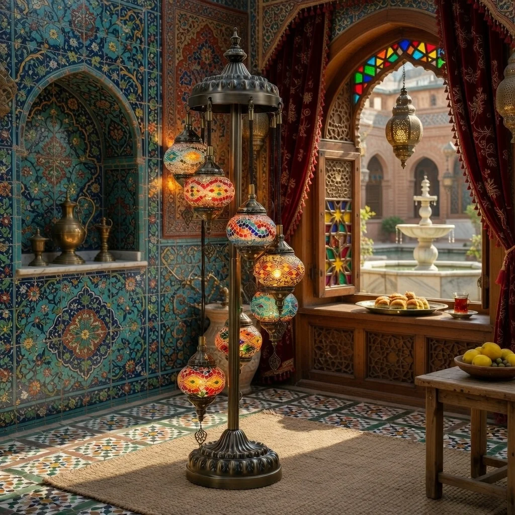 

Handcrafted Turkish Floor Lamp, Southeast Asian Glass Figurine for Living Room & Bedroom Décor, Unique Handmade Lighting Piece