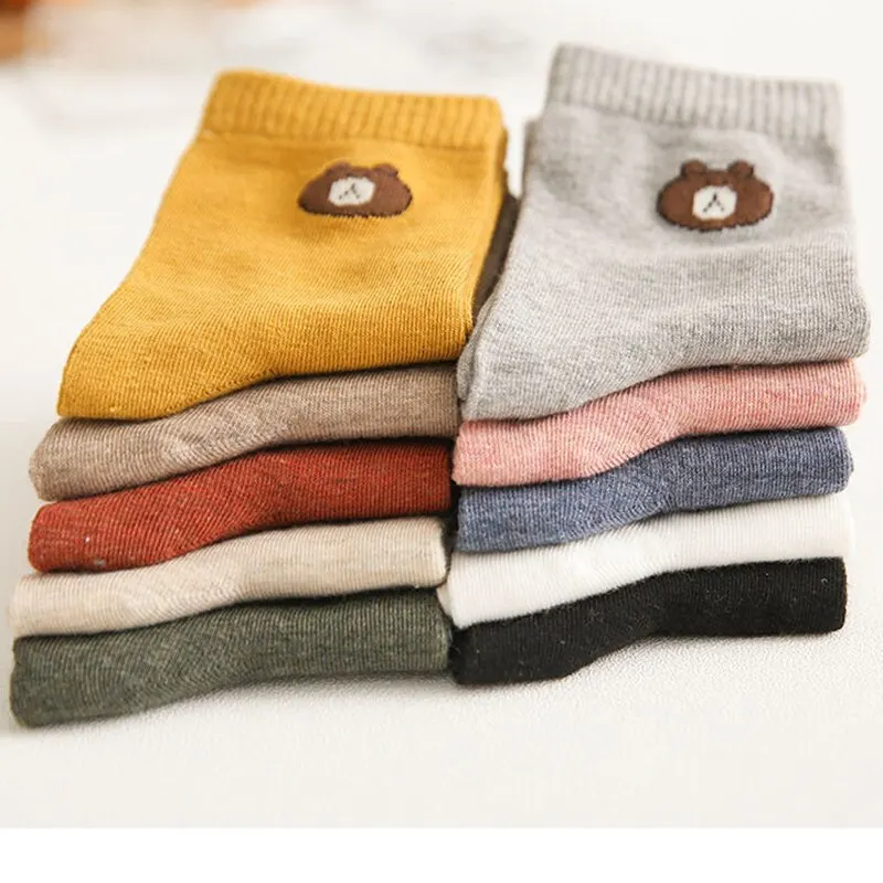 5 Pairs Women\'s Little Bear Socks Mid Length Socks Ins Trendy Cute Solid Color Four Seasons Casual Socks