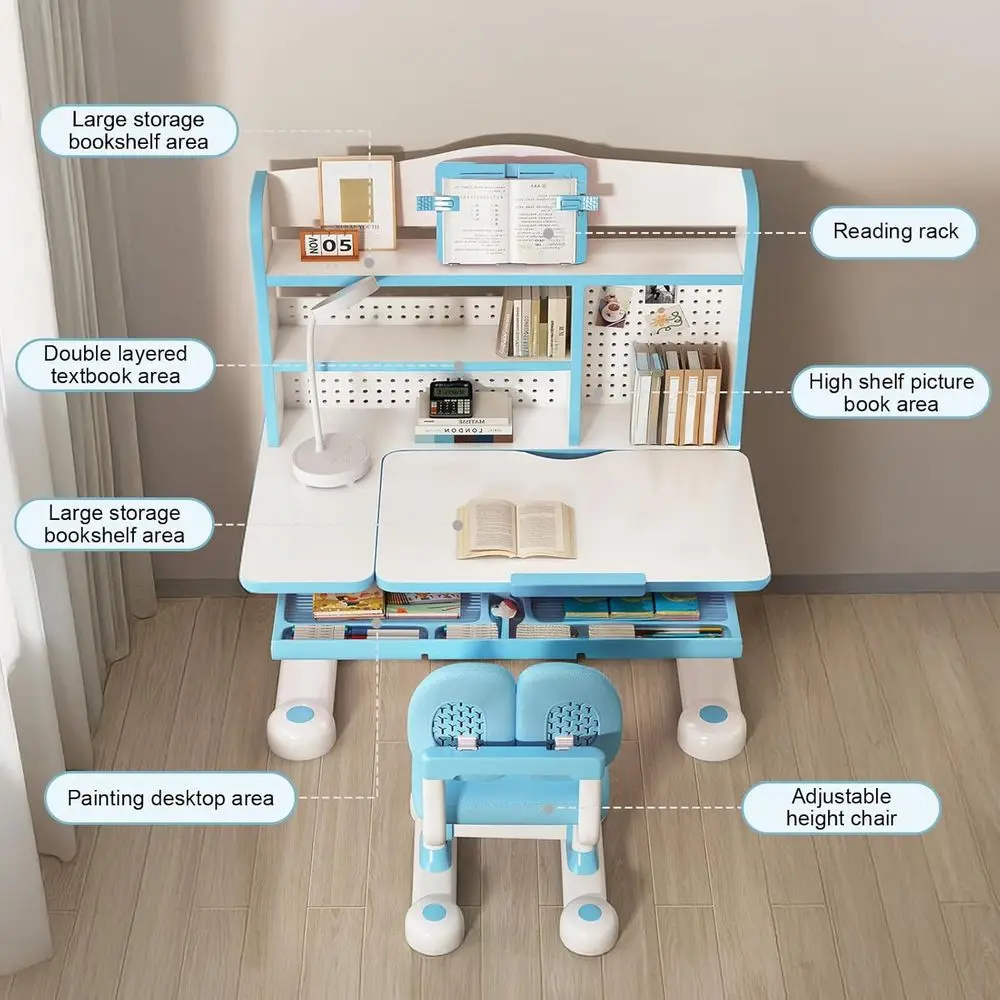Kid Study Desk and Chair Set 3-12 Height Adjustable Ergonomic Desk | School Art Desk, 50° able Desktop, Easy-Turn Crank, Storage