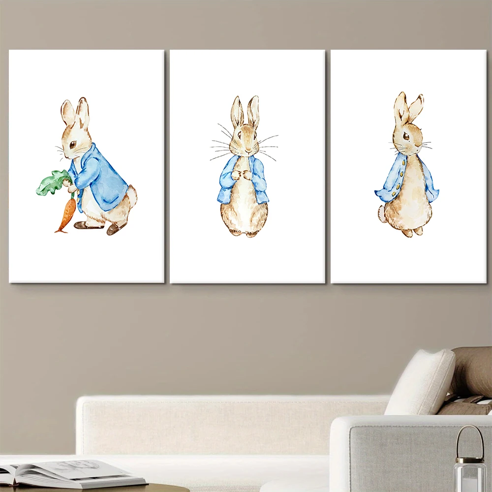 3PCS Large-sized frameless canvas paintings,3 Cute Peter Rabbit Cartoon Canvas Decorative Paintings for Children's Room Bedroom