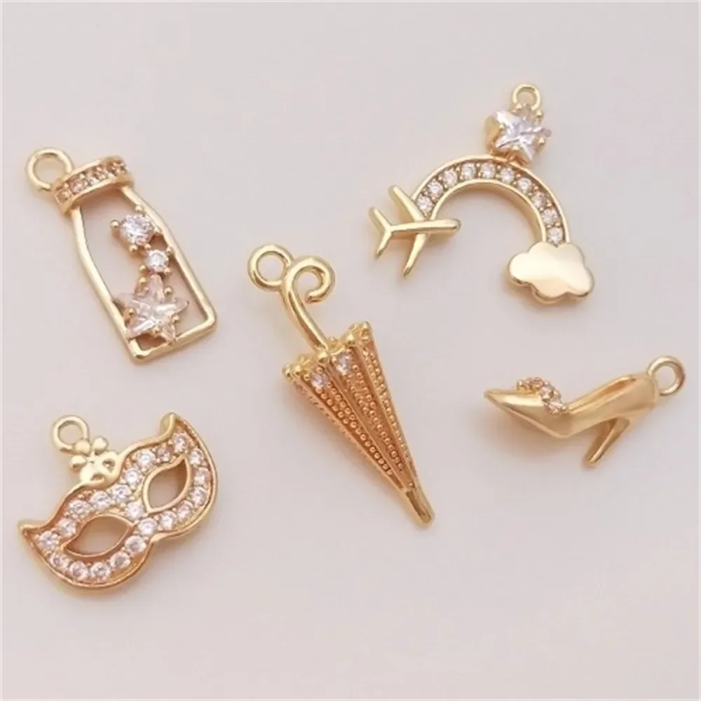 14K Gold-Color Girl Props Travel Series Pendant High Heels Milk Tea Mask Pendant DIY Jewelry Charm K308