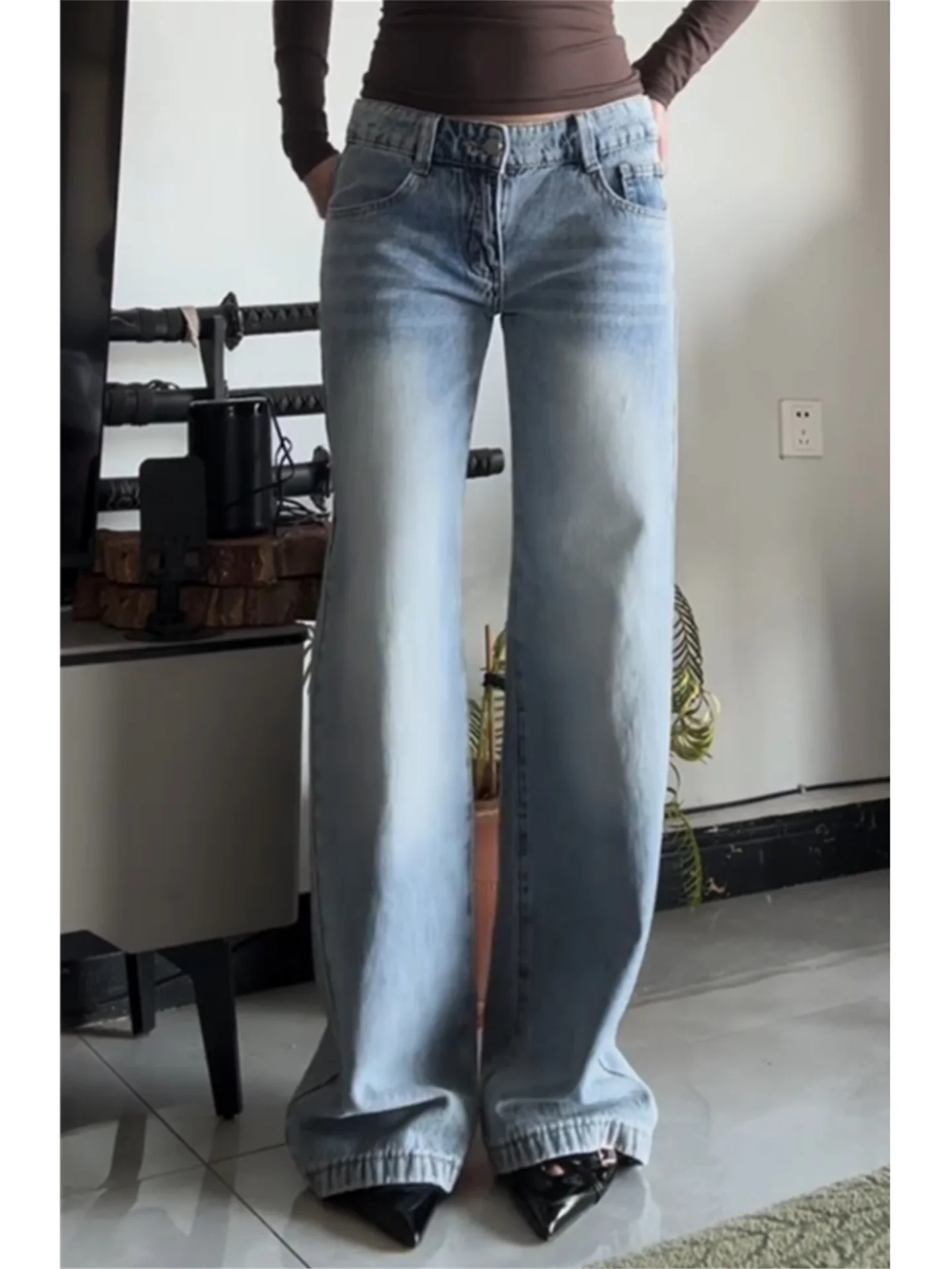 

Loose Fit High Waist Wide Leg Jeans Women's Light Blue Straight Cut Low Waist Denim Pants Spring Casual Cotton Jeans