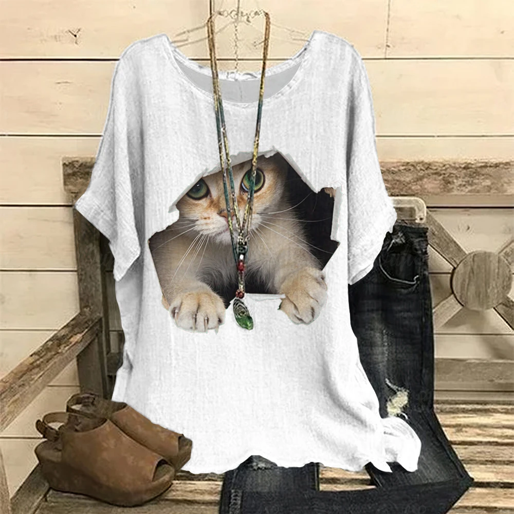 

Cute Cat Printing Women's T-Shirts Top Short Pullover Sleeved Fashion Casual Style O-Neck Tee Shirt Female Clothing Summer 2024