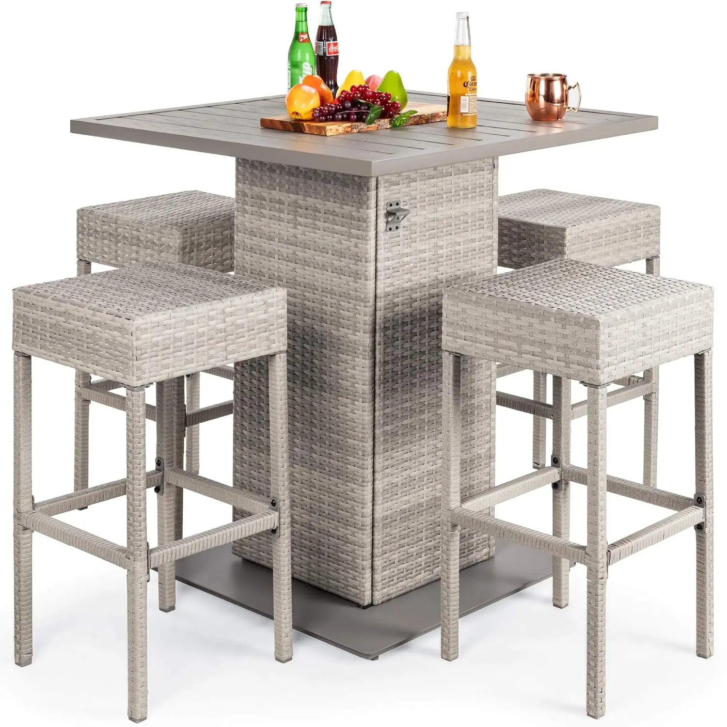 5-Piece Wicker Bar Table Set Patio Backyard Bottle Opener Storage Shelf Metal Top 4 Stools, Customized