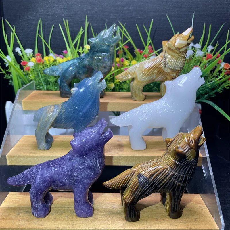 Wholesale Natural Crystal Crafts Healing Stones Folk Crystal Carved Wolf  Mixed Quartz Animals Figurine for Decoration