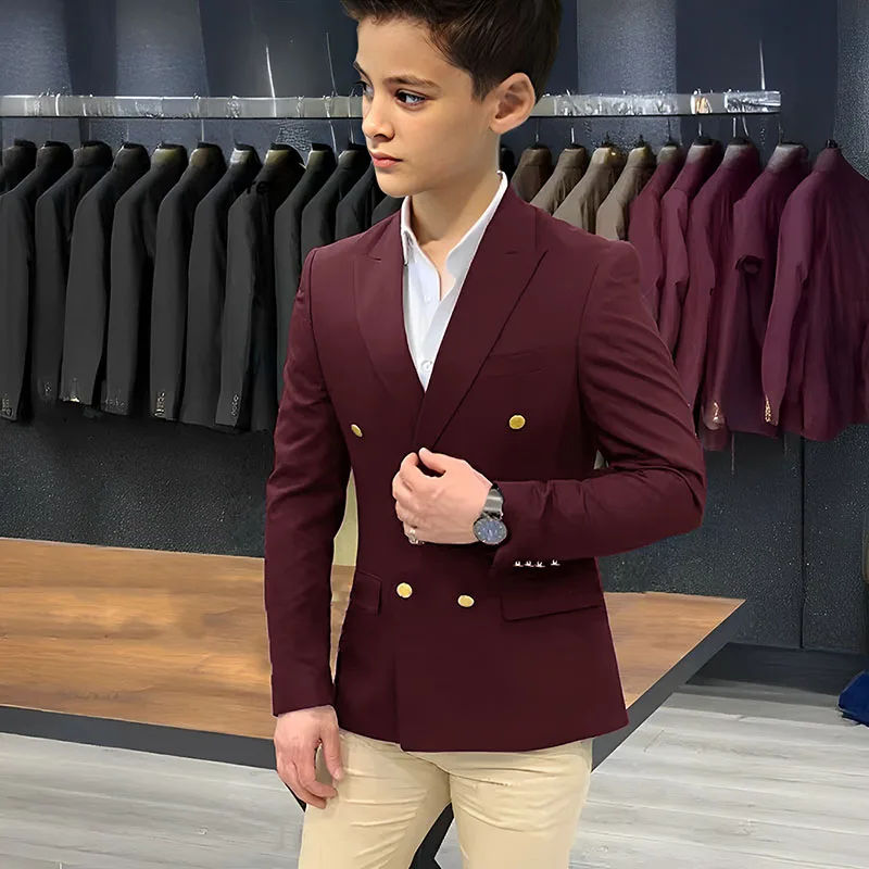 Boys Burgundy Double Breasted Blazer Notched Lapel Long Sleeve Formal Suit Jacket For Kids Gentleman Wedding Party Graduation