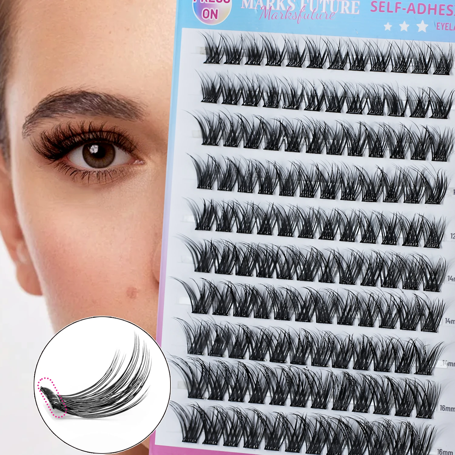 Self-Adhesive Eyelashes, 120 Pieces of Self-Adhesive Eyelash Clusters, Press-On Style Eyelashes 10-16mm Wispy & Natural Cluster, Easy for Beginners to Use, No Need for Pressing, More Comfortable and Stronger