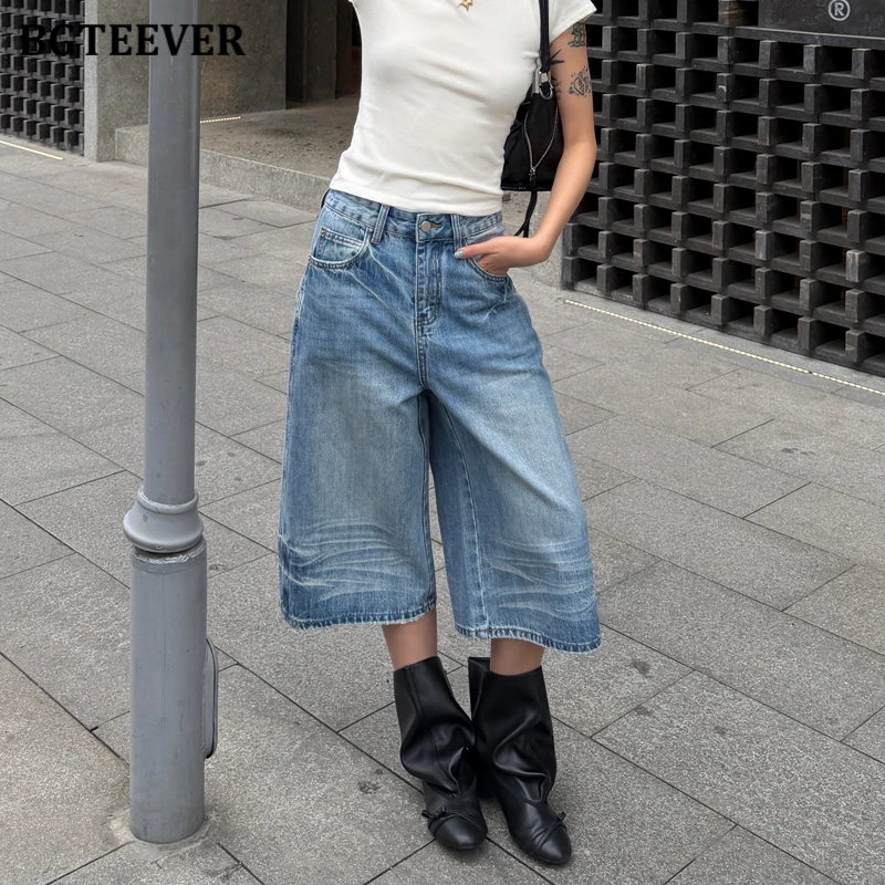 

BGTEEVER Retro Washed Calf-length Wide-Leg Jeans for Women Spring/Summer New Arrival High-Waisted Loose Fit Denim Pants
